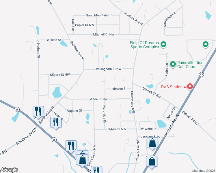 map of restaurants, bars, coffee shops, grocery stores, and more near 175 Johnson Street in Rainsville