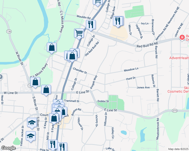 map of restaurants, bars, coffee shops, grocery stores, and more near Chandler Street in Calhoun