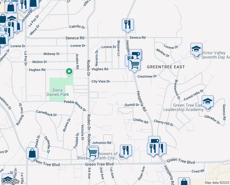 map of restaurants, bars, coffee shops, grocery stores, and more near 16662 Batson Road in Victorville