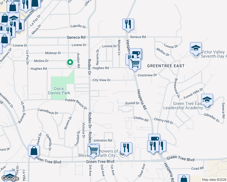 map of restaurants, bars, coffee shops, grocery stores, and more near 16715 Batson Road in Victorville