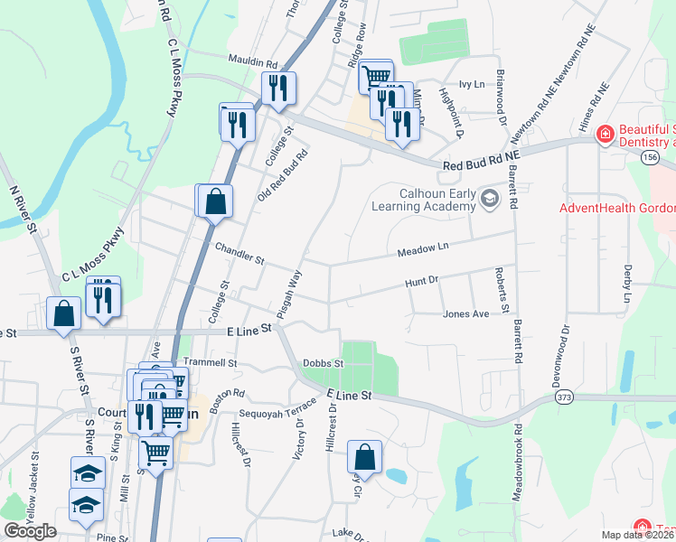 map of restaurants, bars, coffee shops, grocery stores, and more near 105 Buena Vista Drive in Calhoun