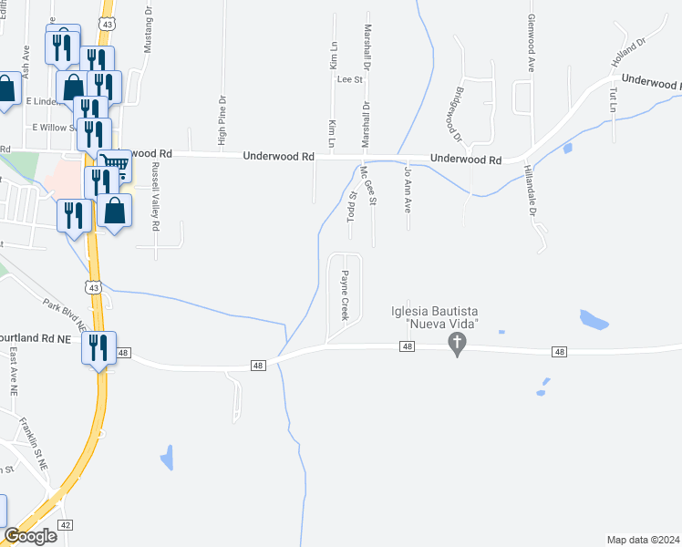 map of restaurants, bars, coffee shops, grocery stores, and more near 146 Payne Creek in Russellville