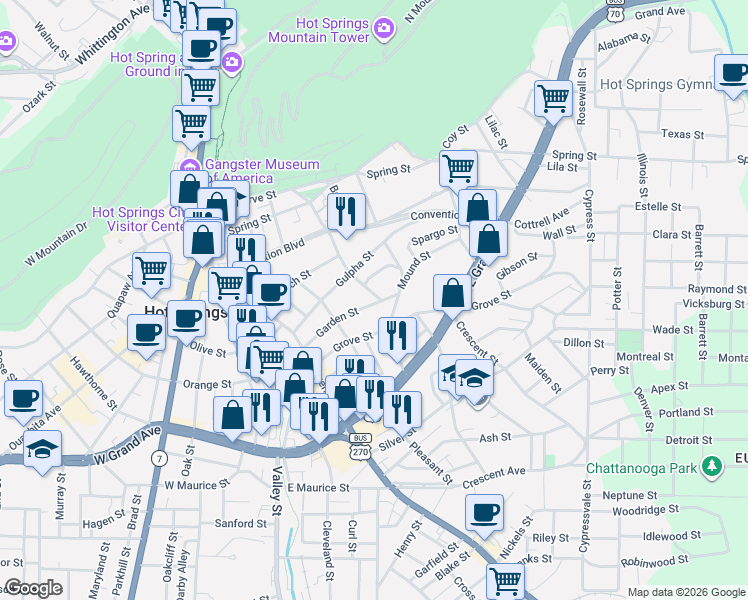 map of restaurants, bars, coffee shops, grocery stores, and more near 221 Grove Street in Hot Springs