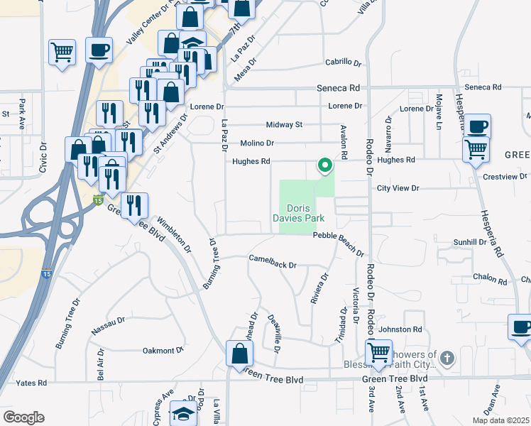 map of restaurants, bars, coffee shops, grocery stores, and more near 14158 Arrowhead Drive in Victorville