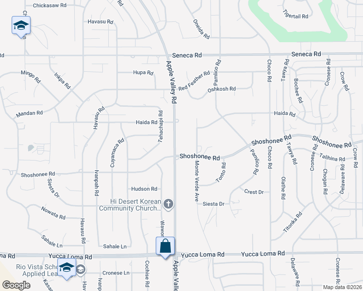 map of restaurants, bars, coffee shops, grocery stores, and more near 19428 Shoshonee Road in Apple Valley