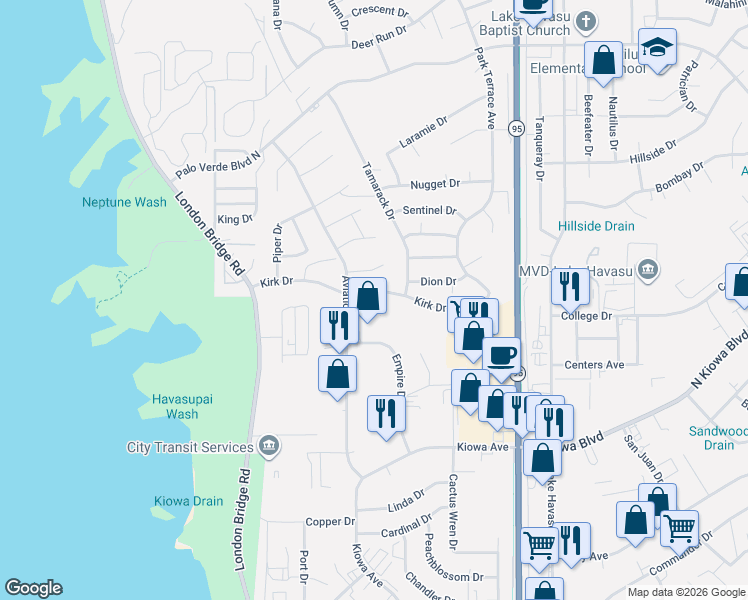 map of restaurants, bars, coffee shops, grocery stores, and more near 1080 Empire Drive in Lake Havasu City