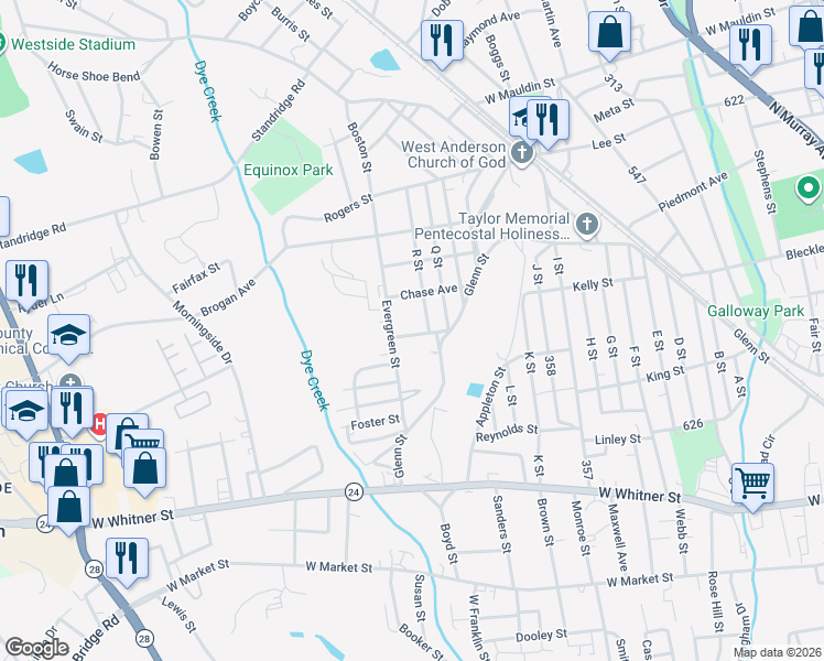 map of restaurants, bars, coffee shops, grocery stores, and more near 24 Evergreen Street in Anderson