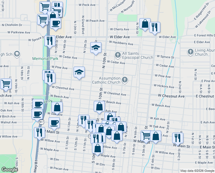 map of restaurants, bars, coffee shops, grocery stores, and more near 813 Chestnut Avenue in Duncan