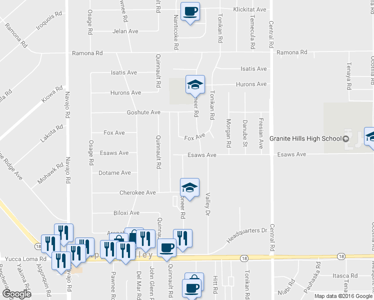 map of restaurants, bars, coffee shops, grocery stores, and more near 22168 Esaws Avenue in Apple Valley