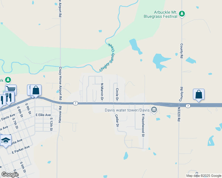 map of restaurants, bars, coffee shops, grocery stores, and more near 107 Circle Drive in Davis