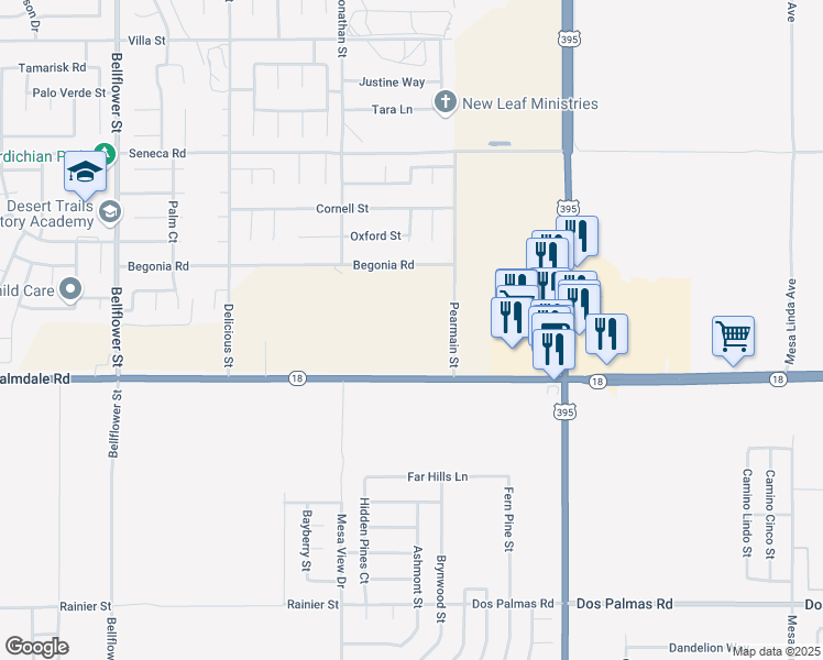 map of restaurants, bars, coffee shops, grocery stores, and more near Palmdale Road in Phelan