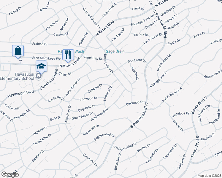 map of restaurants, bars, coffee shops, grocery stores, and more near 3131 Caliente Drive in Lake Havasu City