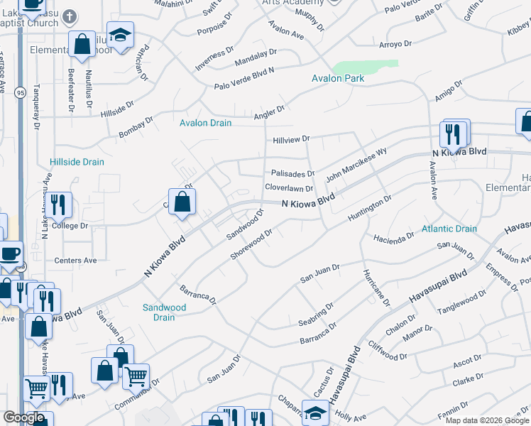 map of restaurants, bars, coffee shops, grocery stores, and more near 2301 North Kiowa Boulevard in Lake Havasu City