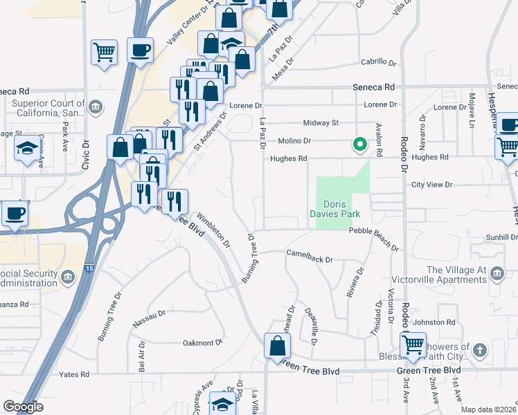 map of restaurants, bars, coffee shops, grocery stores, and more near 14208 La Paz Drive in Victorville