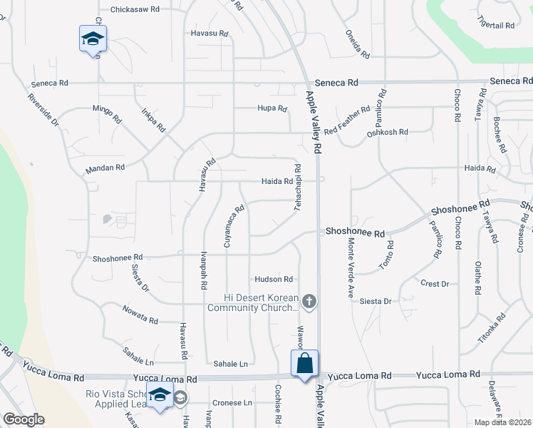 map of restaurants, bars, coffee shops, grocery stores, and more near 14180 Cuyamaca Road in Apple Valley