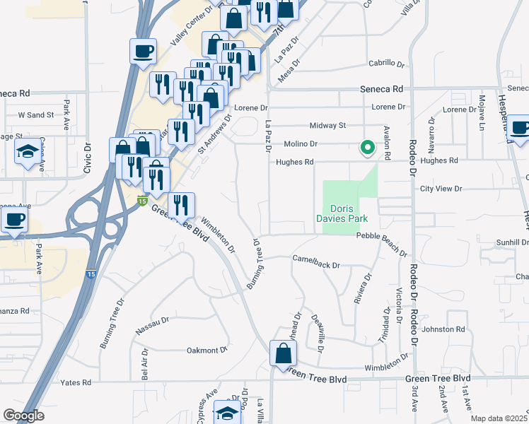 map of restaurants, bars, coffee shops, grocery stores, and more near 14208 La Paz Drive in Victorville