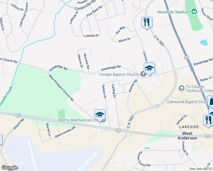 map of restaurants, bars, coffee shops, grocery stores, and more near 131 Selwyn Drive in Anderson