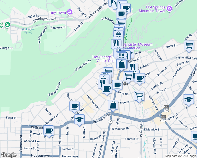 map of restaurants, bars, coffee shops, grocery stores, and more near 210 Quapaw Avenue in Hot Springs