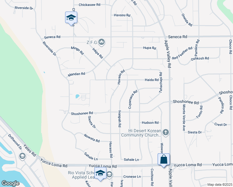 map of restaurants, bars, coffee shops, grocery stores, and more near 14139 Havasu Road in Apple Valley