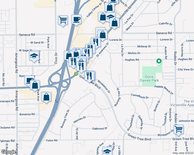 map of restaurants, bars, coffee shops, grocery stores, and more near 14157 Wimbleton Drive in Victorville