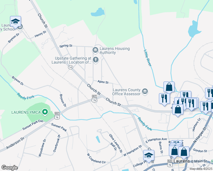 map of restaurants, bars, coffee shops, grocery stores, and more near 108 Apex Street in Laurens