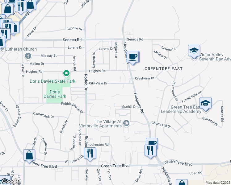 map of restaurants, bars, coffee shops, grocery stores, and more near 16691 City View Drive in Victorville