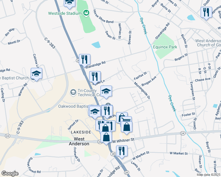 map of restaurants, bars, coffee shops, grocery stores, and more near 112 Ryder Lane in Anderson