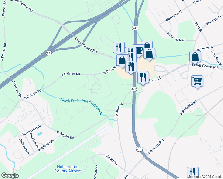 map of restaurants, bars, coffee shops, grocery stores, and more near 4460 B C Grant Road in Cornelia