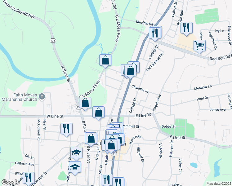 map of restaurants, bars, coffee shops, grocery stores, and more near 507 Harlan Street in Calhoun