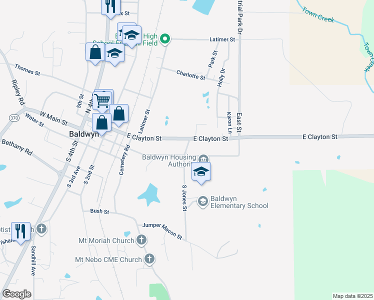 map of restaurants, bars, coffee shops, grocery stores, and more near 501-505 East Clayton Street in Baldwyn