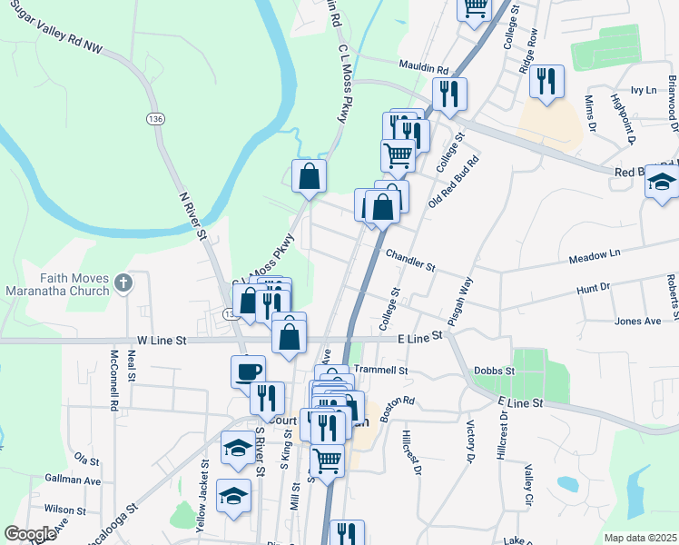 map of restaurants, bars, coffee shops, grocery stores, and more near 507 Harlan Street in Calhoun