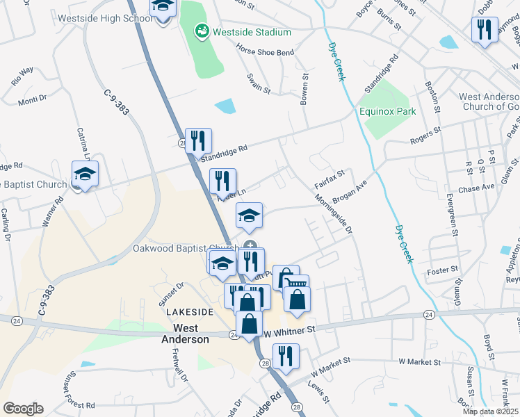 map of restaurants, bars, coffee shops, grocery stores, and more near 101-163 Reaves Place in Anderson