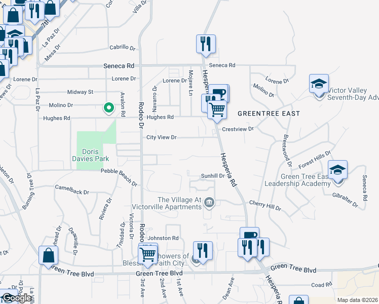 map of restaurants, bars, coffee shops, grocery stores, and more near 16730 Batson Road in Victorville