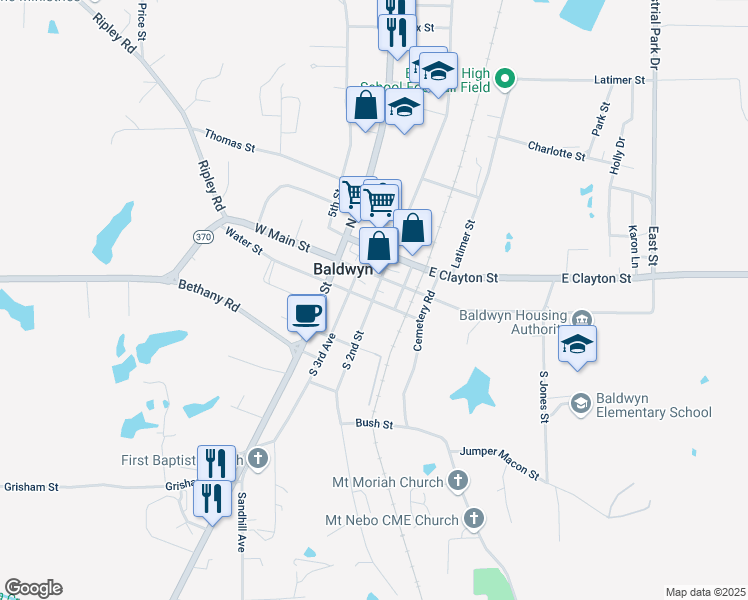 map of restaurants, bars, coffee shops, grocery stores, and more near 101-171 E Main St in Baldwyn