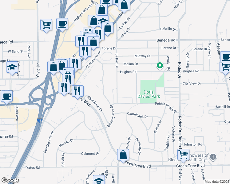 map of restaurants, bars, coffee shops, grocery stores, and more near 14172 La Paz Drive in Victorville