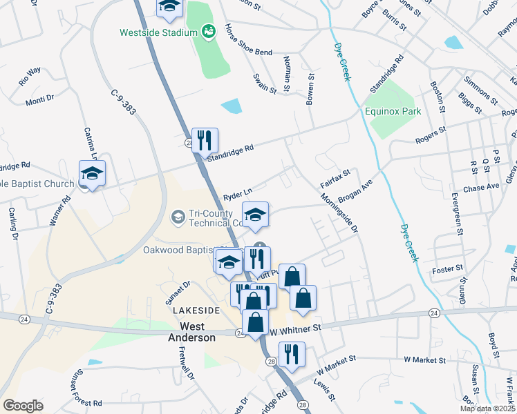 map of restaurants, bars, coffee shops, grocery stores, and more near 110 Ryder Lane in Anderson