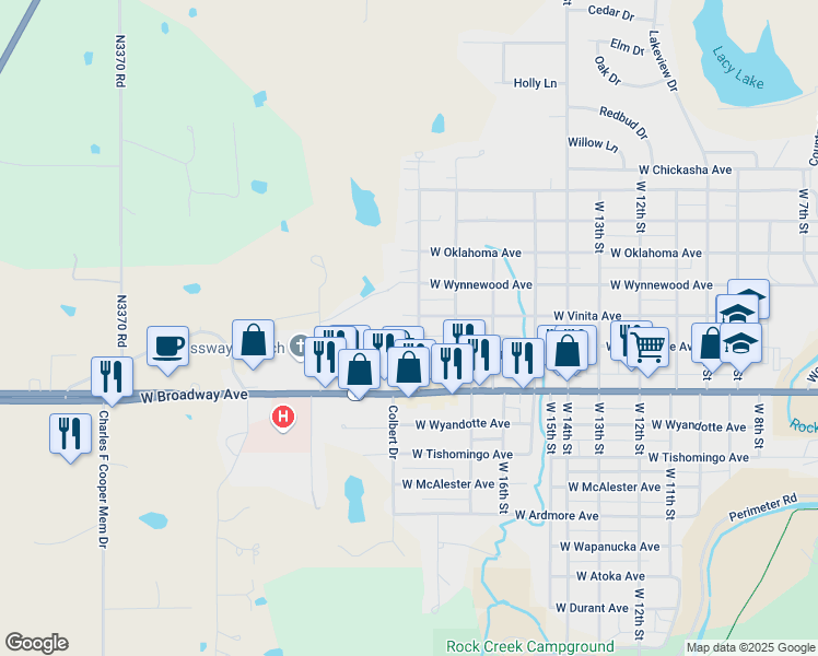 map of restaurants, bars, coffee shops, grocery stores, and more near 1810 West Vinita Avenue in Sulphur