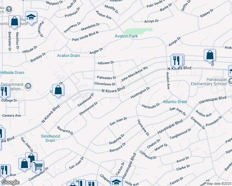 map of restaurants, bars, coffee shops, grocery stores, and more near 1110 Catalina Drive in Lake Havasu City