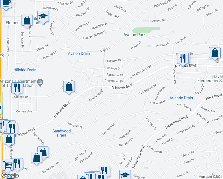 map of restaurants, bars, coffee shops, grocery stores, and more near 2341 North Kiowa Boulevard in Lake Havasu City