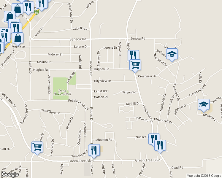 map of restaurants, bars, coffee shops, grocery stores, and more near 16195 City View Drive in Victorville