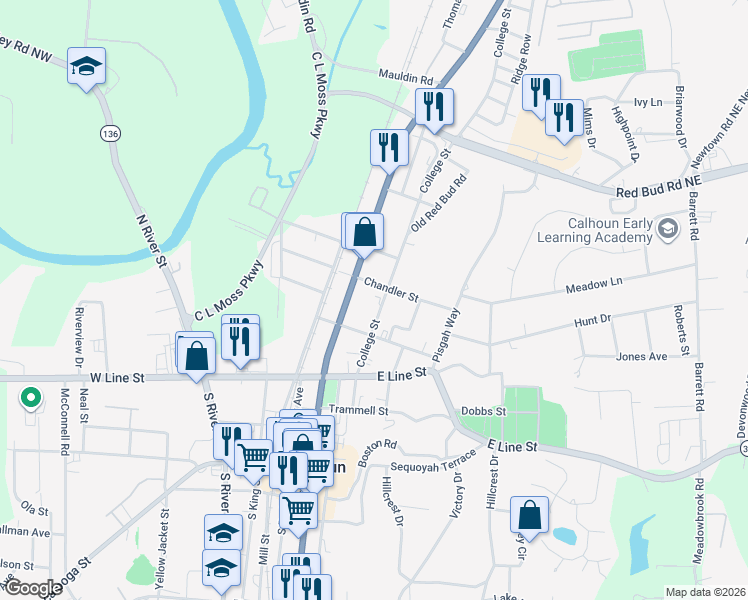 map of restaurants, bars, coffee shops, grocery stores, and more near 516 College Street in Calhoun