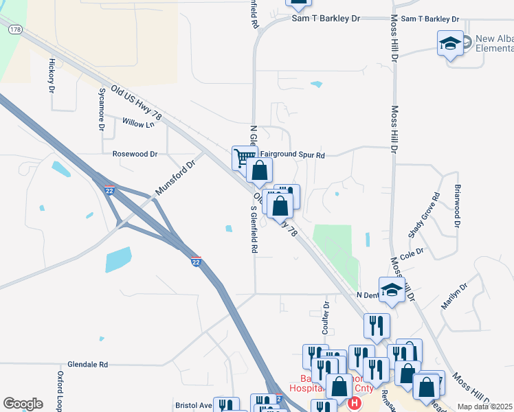 map of restaurants, bars, coffee shops, grocery stores, and more near 983-999 West Bankhead Street in New Albany