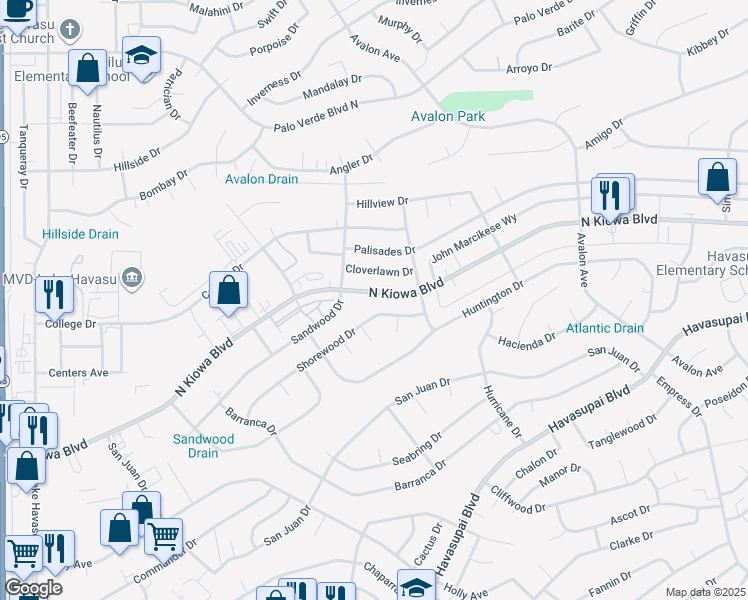 map of restaurants, bars, coffee shops, grocery stores, and more near 2332 North Kiowa Boulevard in Lake Havasu City