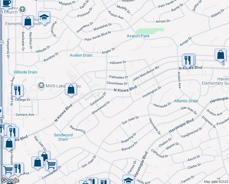map of restaurants, bars, coffee shops, grocery stores, and more near 2341 North Kiowa Boulevard in Lake Havasu City