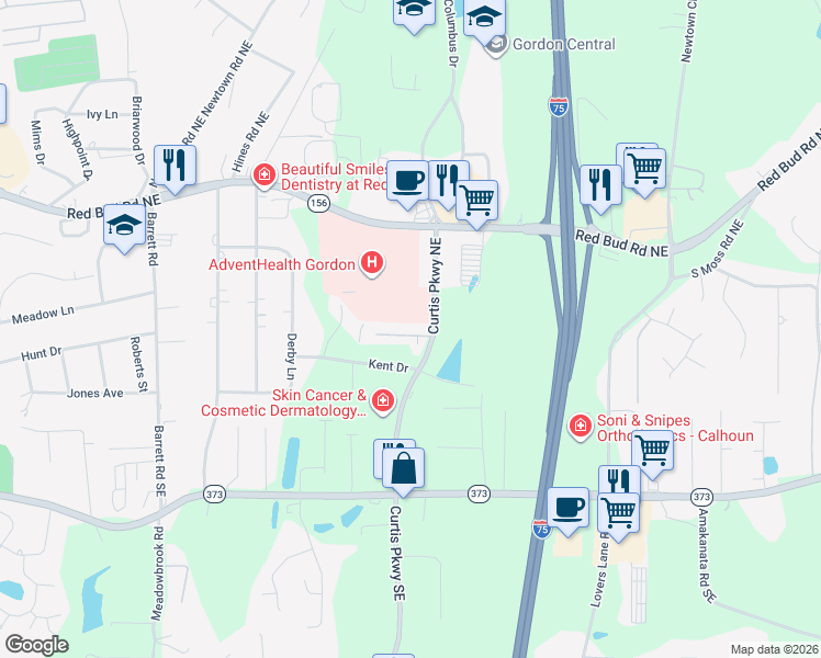 map of restaurants, bars, coffee shops, grocery stores, and more near 110 Hospital Drive in Calhoun