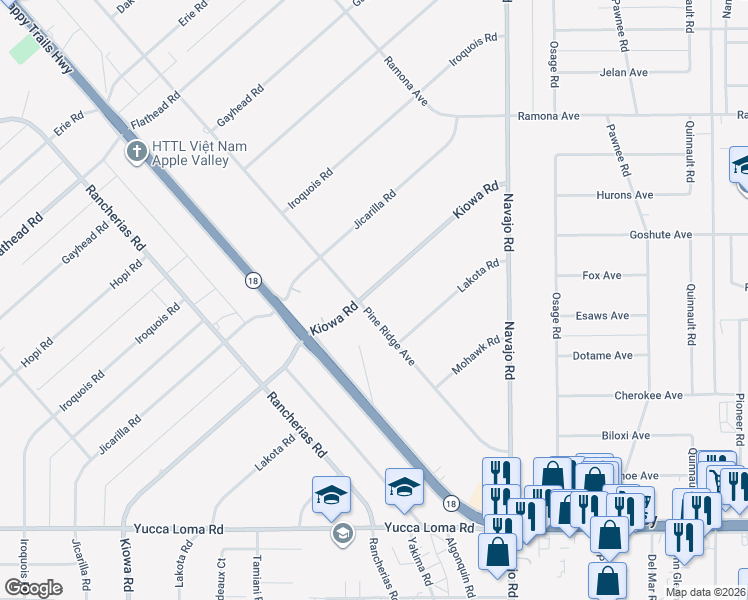 map of restaurants, bars, coffee shops, grocery stores, and more near 21398 Pine Ridge Avenue in Apple Valley