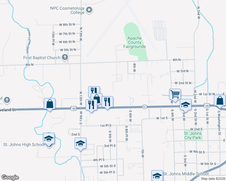 map of restaurants, bars, coffee shops, grocery stores, and more near 1 West 9th North in Saint Johns