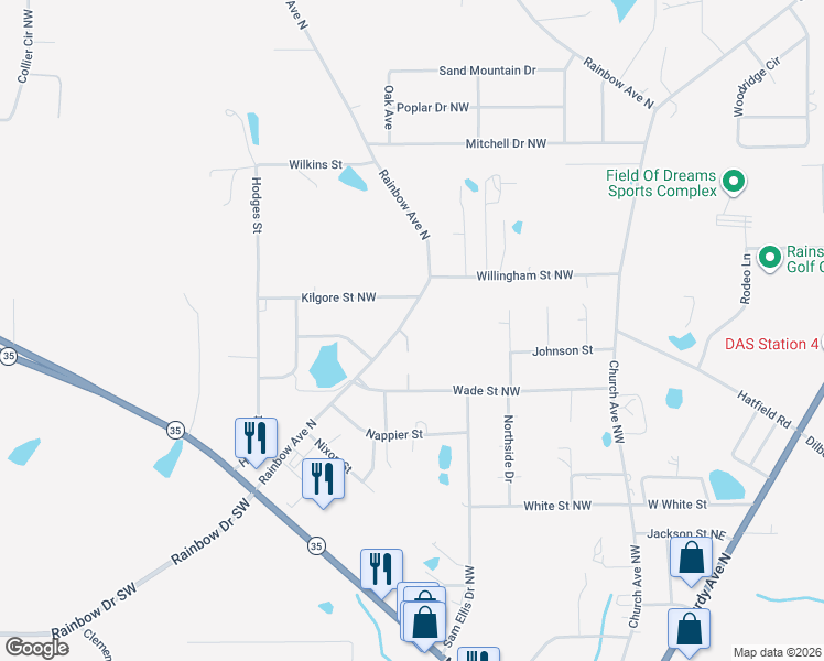 map of restaurants, bars, coffee shops, grocery stores, and more near 540 Rainbow Avenue Northwest in Rainsville