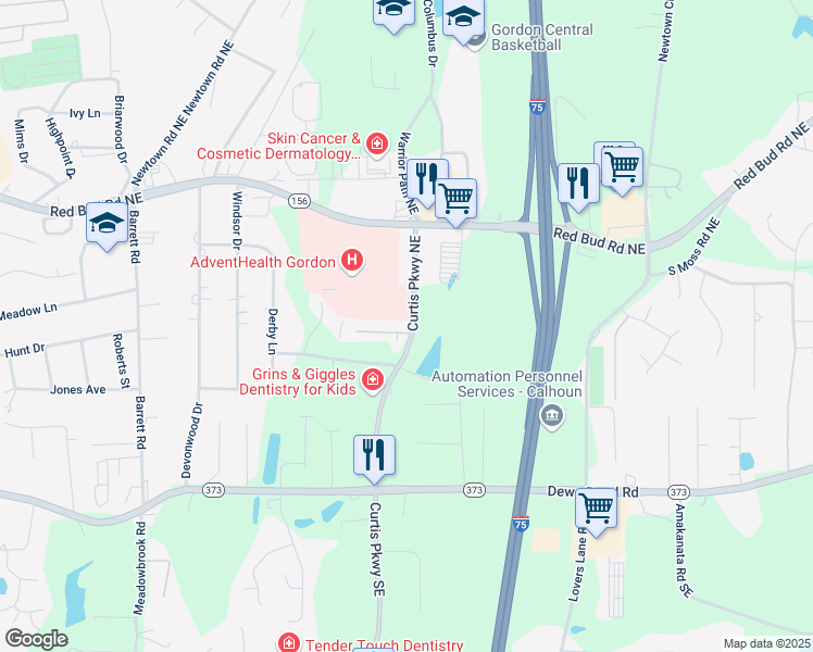 map of restaurants, bars, coffee shops, grocery stores, and more near 105 Holly Hills Drive in Calhoun