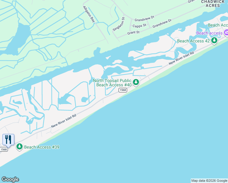 map of restaurants, bars, coffee shops, grocery stores, and more near 1231-1299 State Road 1568 in North Topsail Beach